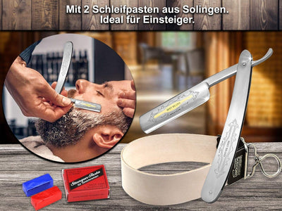 Rasiermesser mit Goldätzung Set mit Schleifpasten und Streichriemen aus Solingen