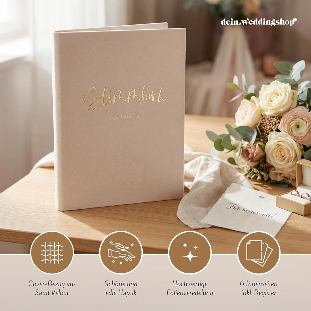 Stammbuch Hochzeit Beige-Grau Gold Samt Velour, handgefertigt inkl. vorgedruckten Innenseiten -Stand