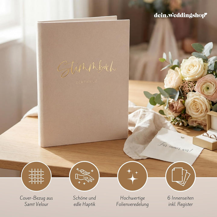 Stammbuch Hochzeit Beige-Grau Gold Samt Velour, handgefertigt inkl. vorgedruckten Innenseiten -Stand