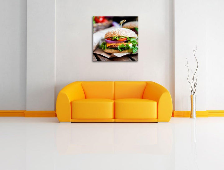 Leckerer Burger und Pommes, Format: 70x70 auf Leinwand, XXL riesige Bilder fertig gerahmt mit Keilra
