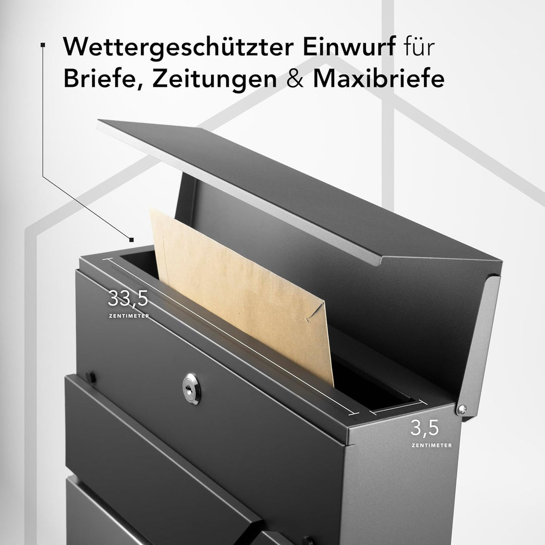 NewHabitat I Moderner Briefkasten Anthrazit mit Zeitungsfach - Wandbriefkasten Rostfrei und UV-bestä