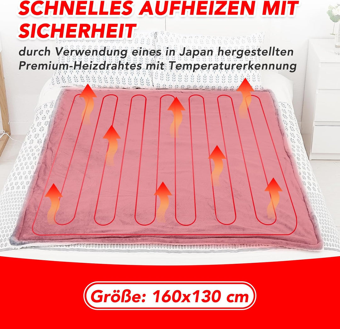 Heizdecke mit Abschaltautomatik, 130x160cm, 10 Heizstufen Up-to-9 Stunden Auto-Off-Timer Überhitzung