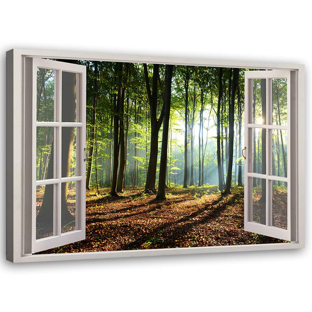 Feeby Vlies Leinwandbild Wald Natur Sonne Bäume 90x60 cm Druckbild Wandbild Wanddekoration Deko Wand