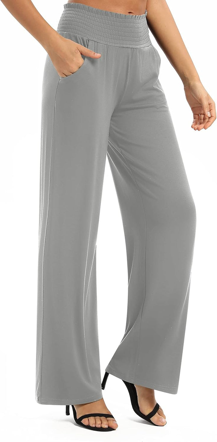 EXCHIC Damen Einfarbig Lose Gerade Geschnitten Palazzo Hose Hohe Taille Dehnbar Lounge Hose mit Tasc