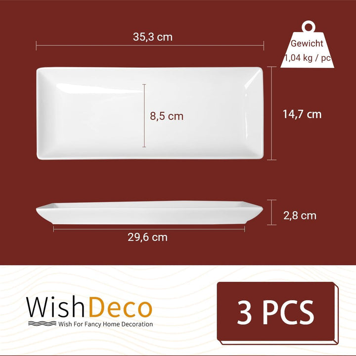 WishDeco Servierplatten Weiss Rechteckig 3er Set, Servierteller Gross 36x15 cm, Kuchenplatten Porzel