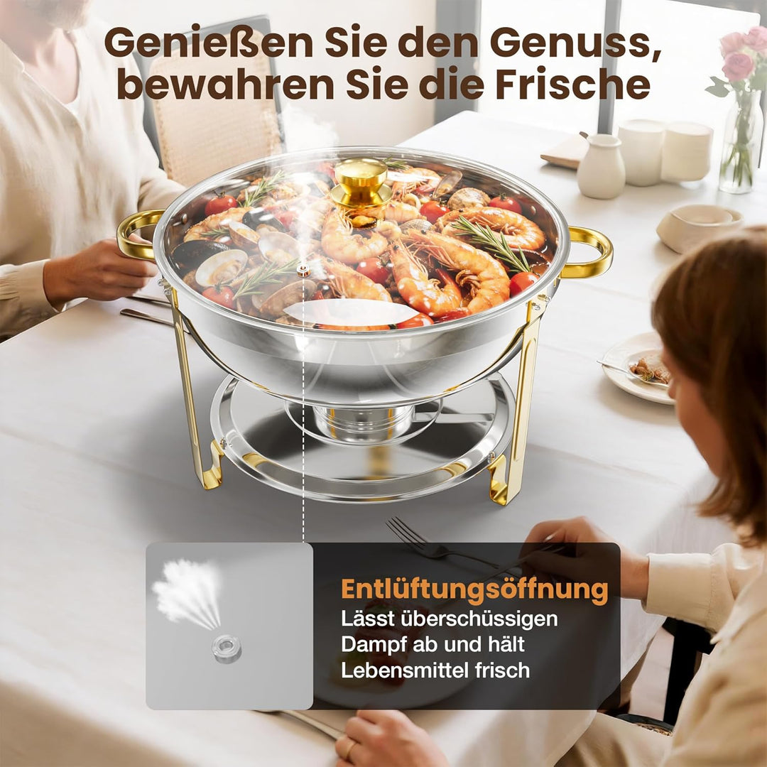 WARMOUNTS Chafing Dish 2er Set 7,5L Gold &amp; Silber, Speisenwärmer Buffet Rund Edelstahl mit Glasdecke