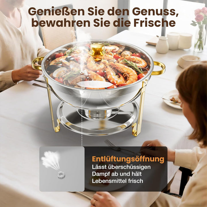 WARMOUNTS Chafing Dish 2er Set 7,5L Gold &amp; Silber, Speisenwärmer Buffet Rund Edelstahl mit Glasdecke