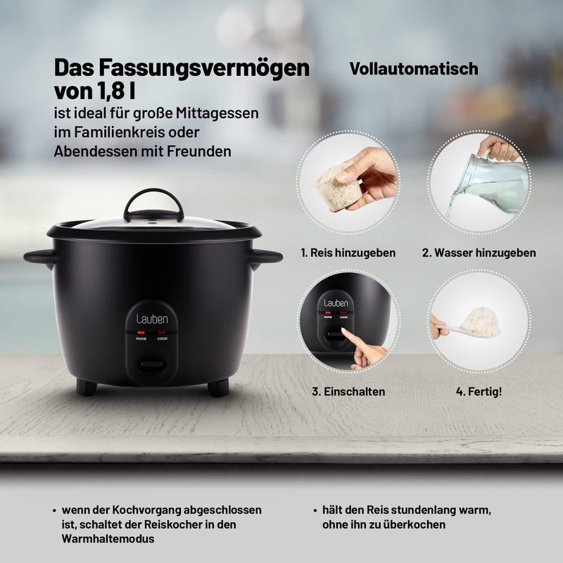 Lauben Rice Cooker 600BC Reiskocher mit Fassungsvermögen 0,6l, Metalldämpfeinsatz, Deckel aus gehärt