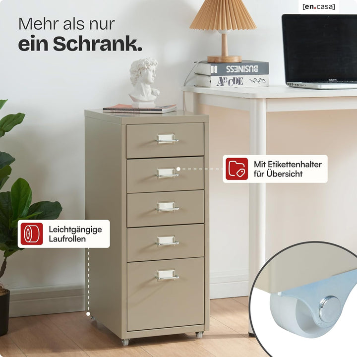 [en.casa] Rollcontainer Kökar Schubladenschrank Metall Aktenschrank mit 5 Schubladen Bürowagen mit R