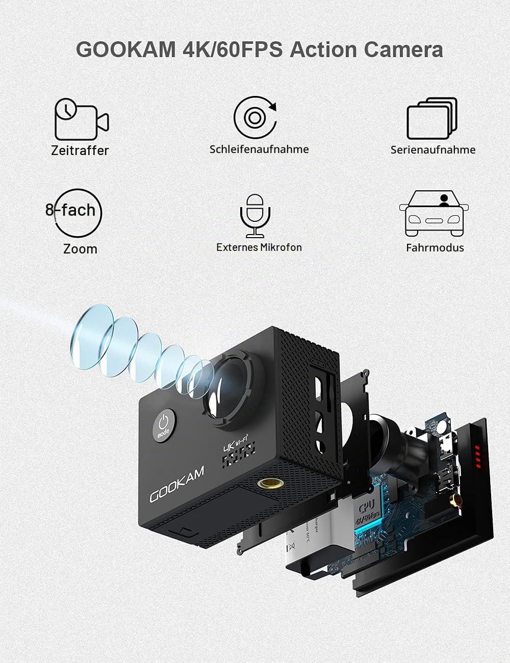 GOOKAM Action Cam 4K 20MP WiFi Actionkamera 40M Unterwasserkamera EIS Sportkamera mit Externe Mikrof