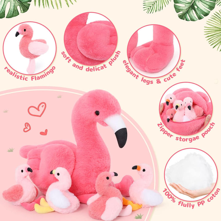 MorisMos 45cm sitzend Plüsch Flamingo mit 4 Baby im Bauch, Rosa Süss Kuschelig Flamingon Plüschtier