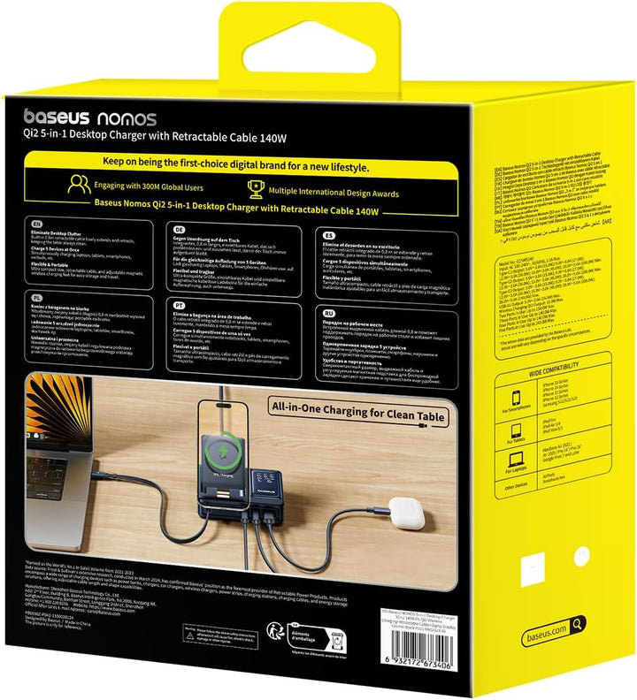 Baseus NOMOS 5 in 1 Ladestation, 140 W USB-C Ladegerät mit 15 W Qi2.0 MagSafe Ladegerät, Typ C Einzi