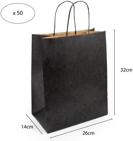 Extiff 50 Stück Einkaufstaschen aus Kraftpapier schwarz mit Griffen – 26 x 14 x 32 cm Einkaufstasche