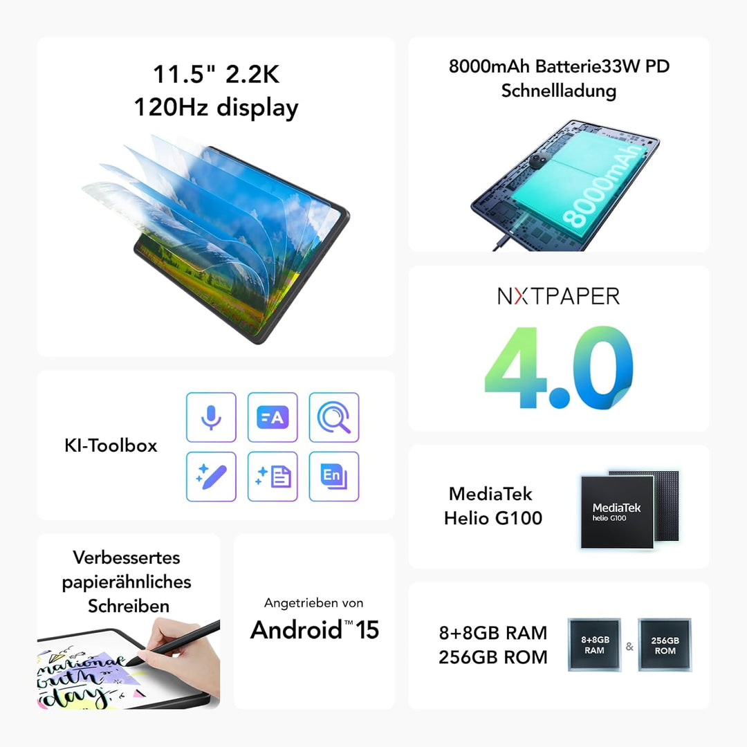 TCL NXTPAPER 11 Plus Tablet, 11,5" 2.2K NXTPAPER 4.0 Display, integrierte KI, 256 GB ROM, 8 GB + 8 G