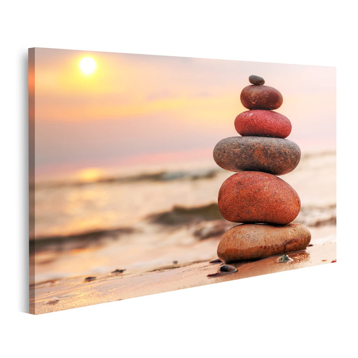 islandburner Bild auf Leinwand Steine Pyramide Ozean Bei Sonnenuntergang Zen Bilder Wandbilder Poste