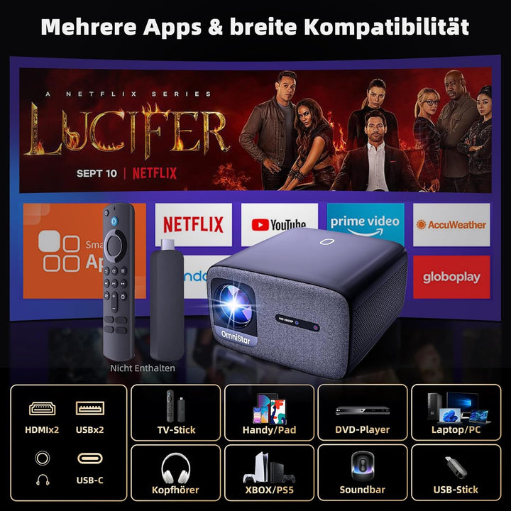 CASIRIS Omnistar Beamer Set mit 100'' Leinwand | 1500 ANSI | Auto Fokus | 1080P Full HD mit 4K Unter