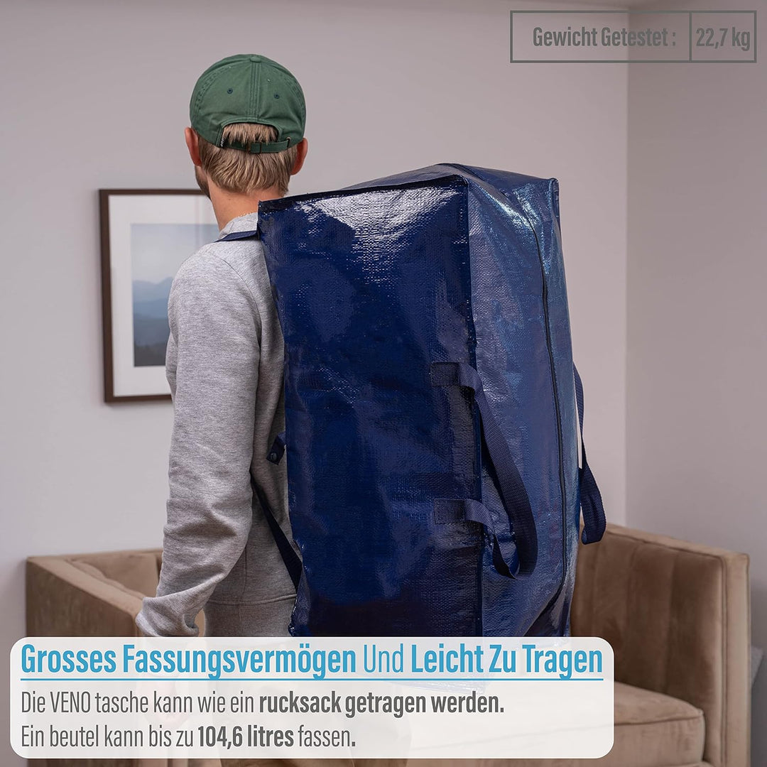 VENO 2-er Pack extra grosse Umzugstaschen mit Rucksackgurten, Umzugshelfer, starke Griffe und Reissv