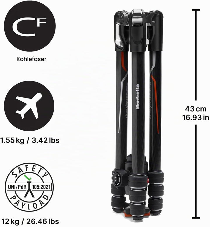 Manfrotto MKBFRTC4GTA-BH Befree GT Carbon Alpha Reisestativ Twist (Drehverschluss) mit Kugelkopf, in