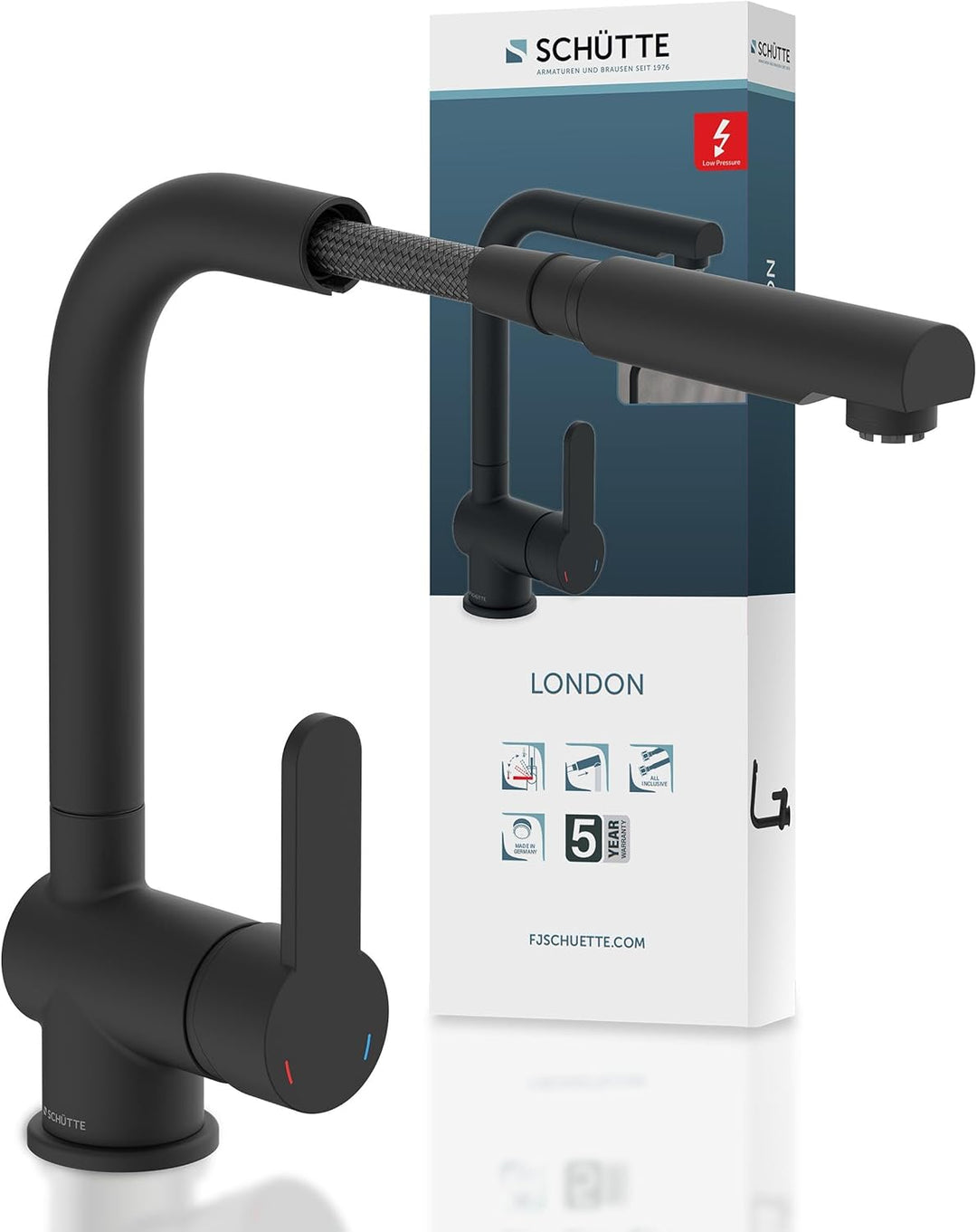 Schütte Niederdruck Küchenarmatur LONDON mit ausziehbarer Geschirrbrause, Armatur für Boiler/Unterti