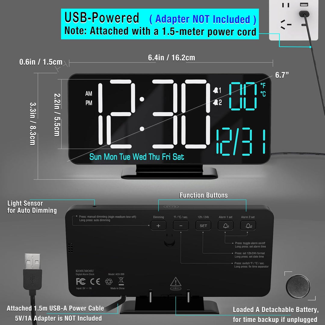 KOSUMOSU Digitaluhr für Schlafzimmer, 17 cm, Kleiner digitaler Wecker, schwarz, Dimmen, 12/24 Stunde