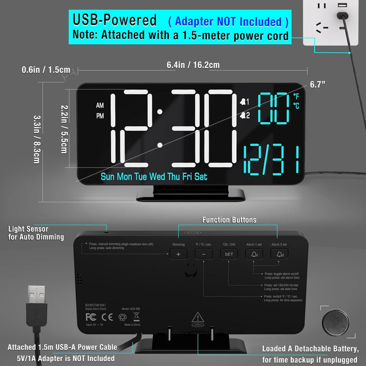 KOSUMOSU Digitaluhr für Schlafzimmer, 17 cm, Kleiner digitaler Wecker, schwarz, Dimmen, 12/24 Stunde