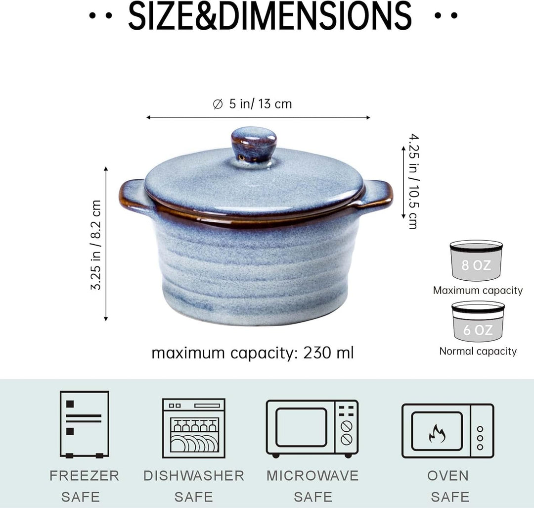 Mini Cocotte Porzellan, Keramik Auflaufform mit Deckel Ofenfest 4 Stück - 230 ml, Creme Brulee Schäl