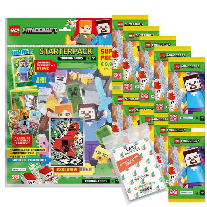 Bundle mit LEGO Minecraft Serie 1 Trading Cards - 1 Starter + 10 Booster + Exklusive Collect-it Hüll