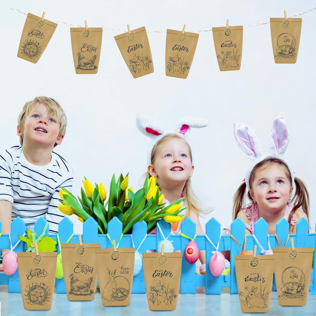 12 Stück Geschenktüten Ostern, Schwarz bedruckte Papiertüten mit Osterhasen, Papiertüten Ostern Oste