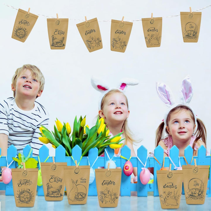 12 Stück Geschenktüten Ostern, Schwarz bedruckte Papiertüten mit Osterhasen, Papiertüten Ostern Oste