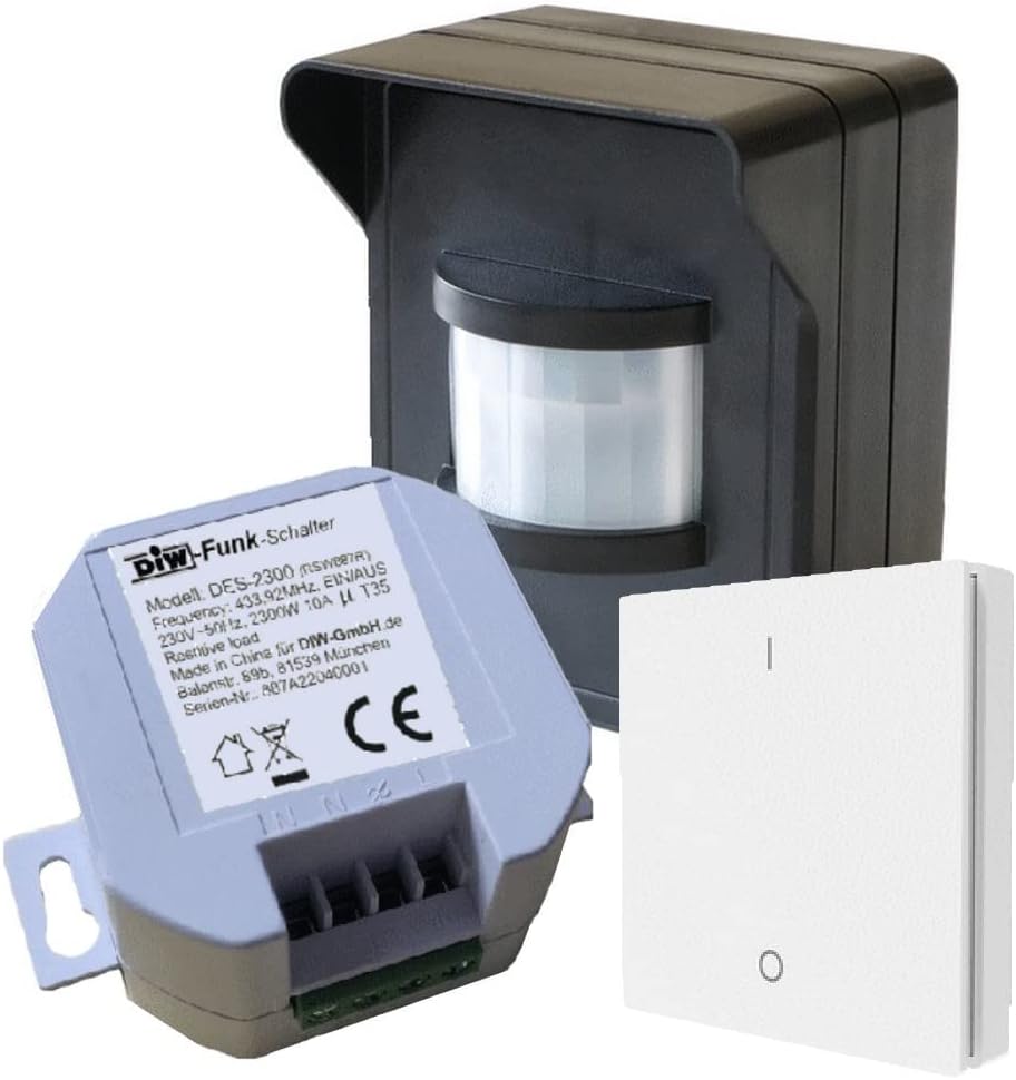 PD-548 DIW-FUNK Set Bewegungsmelder IP44 mit Funk-Einbau Empfänger 230V Funkschalter + Funk-Wandsend