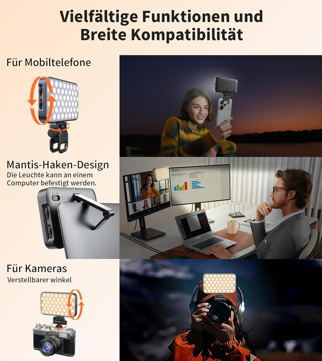 TONEOF 96 LED Handy Licht mit Weichem Diffusor und Integriertem Ständer, Wiederaufladbare Kameralich