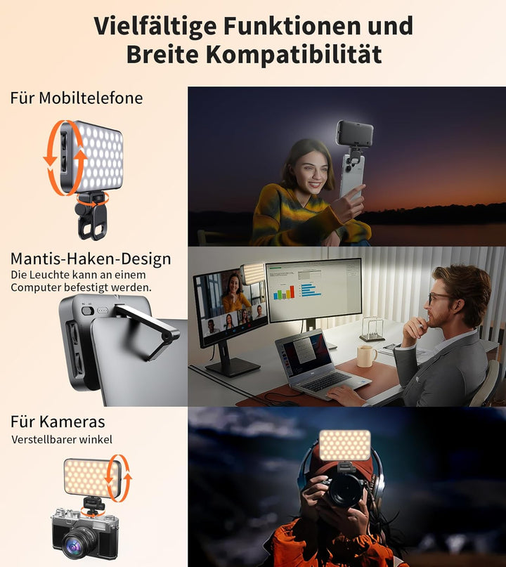 TONEOF 96 LED Handy Licht mit Weichem Diffusor und Integriertem Ständer, Wiederaufladbare Kameralich