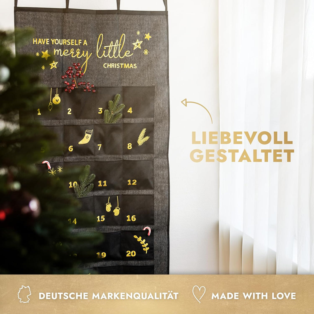 AMARI ® Adventskalender zum Befüllen Schwarz/Gold - XXL Wandkalender (70 x 130 cm) mit 24 Fächern zu
