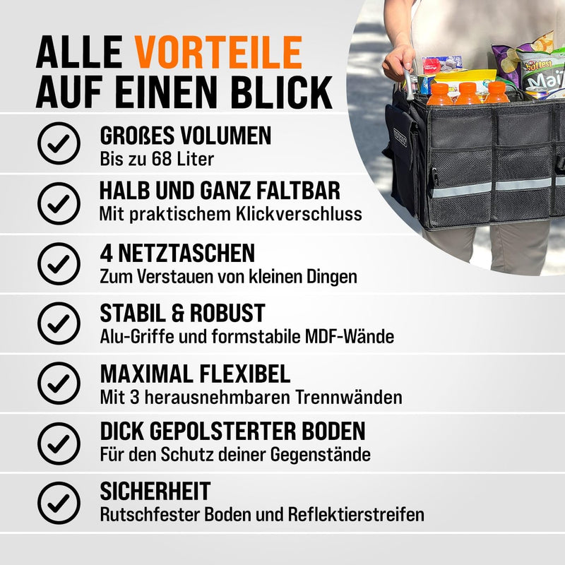 MONZANA® Kofferraum Organizer Deckel 63L Trennwände Wasserdicht Faltbar Verstärkte Wände rutschfest