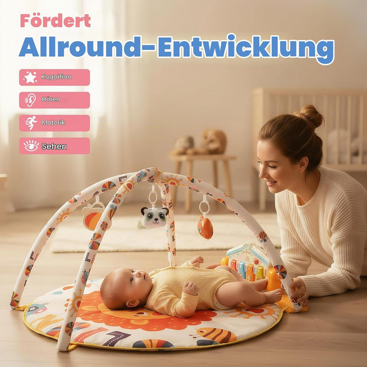 Spieldecke Baby Gym, 6 in 1 Spielbogen 0-12 Monate mit Musik Klaviermatte, 4 Hänge-Spielzeug, Licht