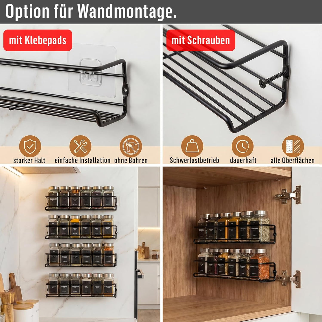 Deco haus® Gewürzregal Wand ohne Bohren [MIT 24 GEWÜRZGLÄSER & ETIKETTEN] - Gewürzregal Hängend 4er
