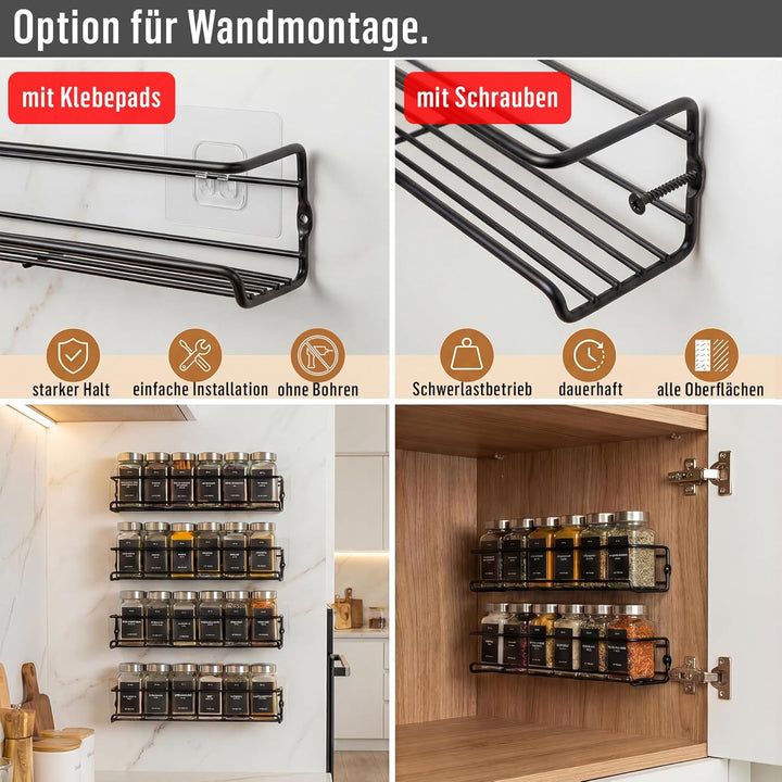 Deco haus® Gewürzregal Wand ohne Bohren [MIT 24 GEWÜRZGLÄSER & ETIKETTEN] - Gewürzregal Hängend 4er