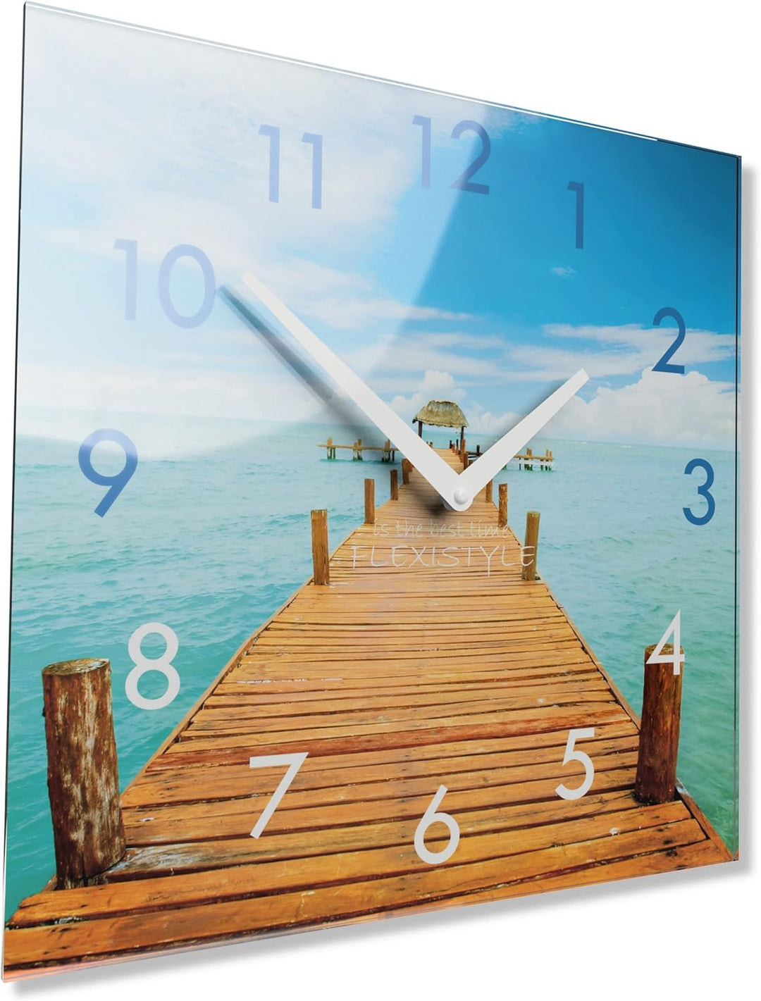 FLEXISTYLE Wanduhr küche Wohnzimmer 30 x 30 cm, aus Glas, mit Direktdruck eckig modern (Urlaubserinn