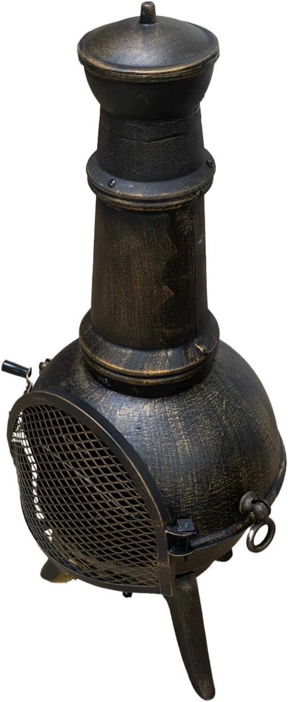 Gusseisen Terrassenofen | Gartenkamin Aztekenofen Feuerstelle | Premium Bronze-Effekt | mit Funkensc