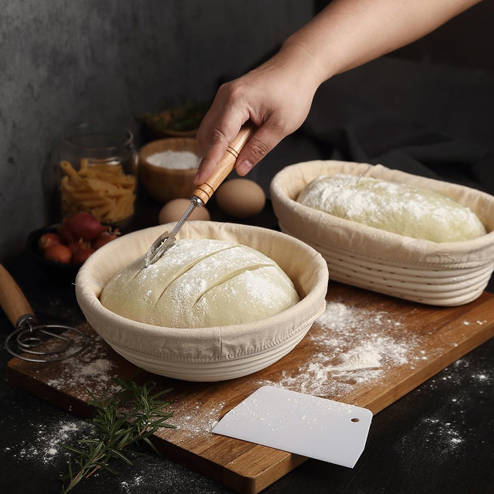 9-teilig Gärkorb Brot Set,25cm Gärkörbchen zum Brotbacken, Sauerteig Starter Set, Einschliesslich Te