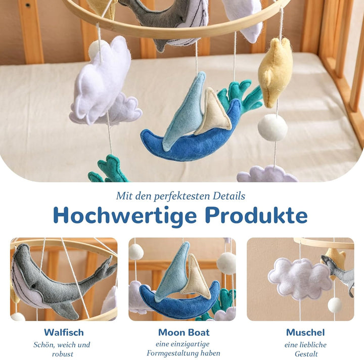 Mobile Baby Meerestiere Segelboot Babybett Windspiel, Muschel Wal Filz Bettglocke Wickeltisch Mobile