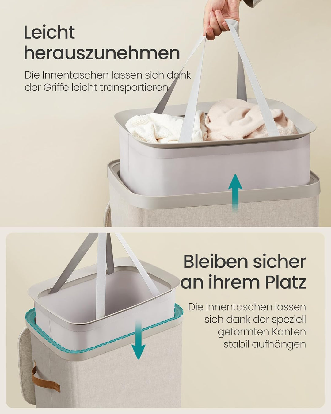 SONGMICS Wäschekorb, 100 L Wäschesammler, Wäschetonne, leichter Aufbau, mit Deckel und Griffen, hera