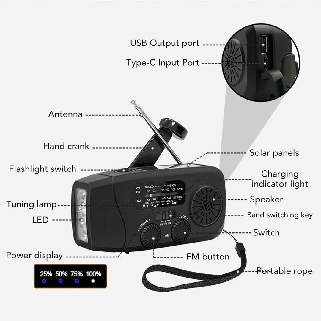 Fafeicy Solar-Handkurbel-Notfallradio mit 2000-mAh-Akku Typ-C-USB-Ladung und LED-Taschenlampe für Ou