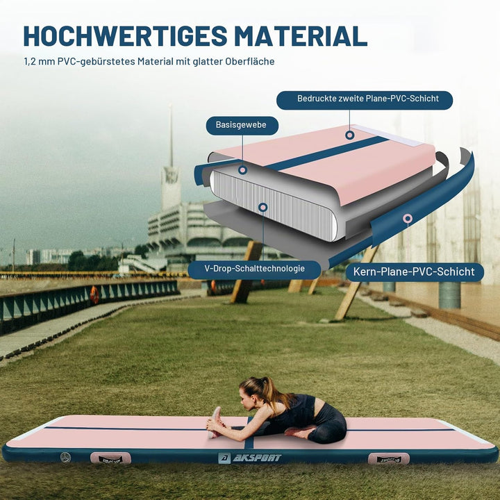 AKSPORT Air Matte Track Tumbling Matte,3/4/5/6m Aufblasbar Gymnastikmatte Turnmatte Tumbling Matten