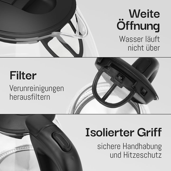 Glas Wasserkocher klein - 1L Inkl. Kalkfilter I By LEBENLANG I BPA-Frei Wasserkocher Glas 1 Liter Gl