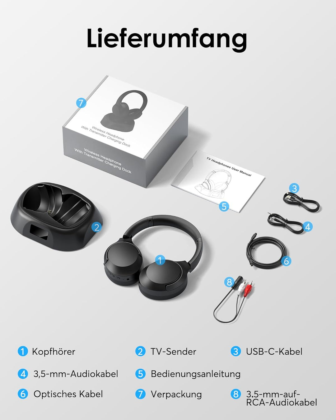 Doohoeek Kabellose TV Kopfhörer Bluetooth 6.0, Over-Ear Funkkopfhörer mit Ladestation&Digital Displa