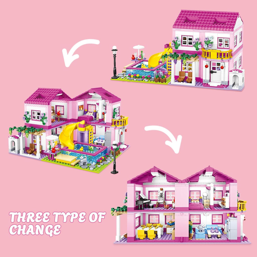 CSNRHG Rosa Sommer Pool Villa Baustein Set Freunde BAU Bildungs 1018 Stück Geschenke Erwachsene Alte