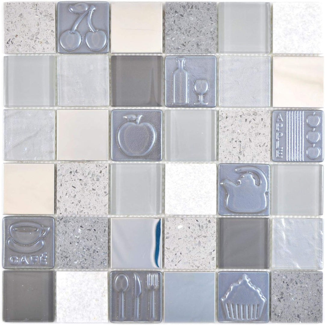 Mosaik Fliese Quadrat Crystal/Artificial/Stein/Stahl mix Relief grey für WAND BAD WC KÜCHE FLIESENSP