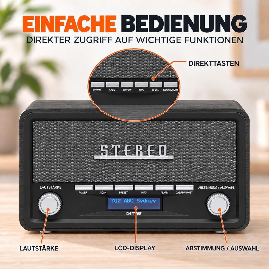 Denver DAB Radio DAB18, Radio mit Bluetooth, Retro Radio aus Holz, FM Radio, DAB, DAB+, AUX, Batteri