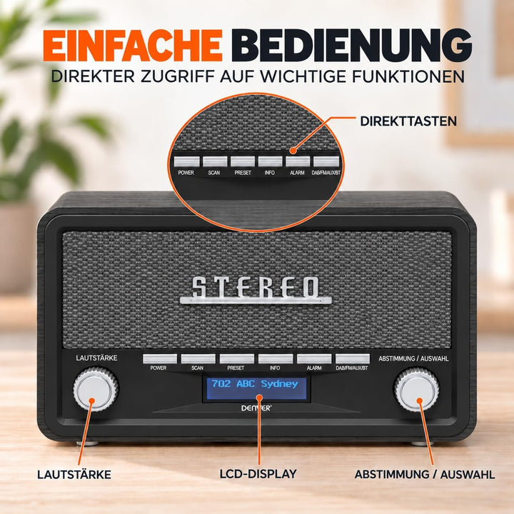 Denver DAB Radio DAB18, Radio mit Bluetooth, Retro Radio aus Holz, FM Radio, DAB, DAB+, AUX, Batteri